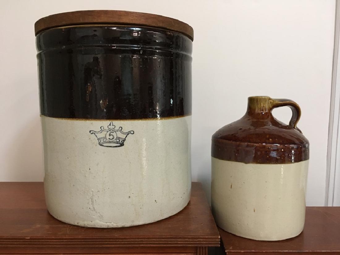 2 PCS OF VINTAGE STONEWARE 5 GALLON CROCK & JUG
