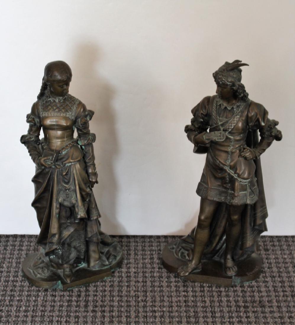PAIR OF AFTER EUTROPE BOURET BRONZES: EUTROPE BOURET(French 1833-1906) - After Bouret - Bronze figures of a young woman with a book(poetry) and a slightly older suitor holding a mandolin. The base is a separate casting from the figure. Ca