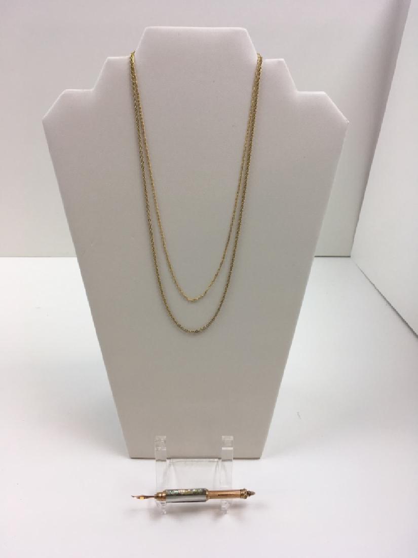 3 PCS CHATELAINE TOOTHPICK, TESTED 10K & 14K: Beautiful chatelaine retracting toothpick - tested 10k with mother of pearl & abalone marked "Fairchild" 1.75" retracted, 14k yellow gold 19.5" chain necklace 2g & unmarked but tested 10k 17.5" chain