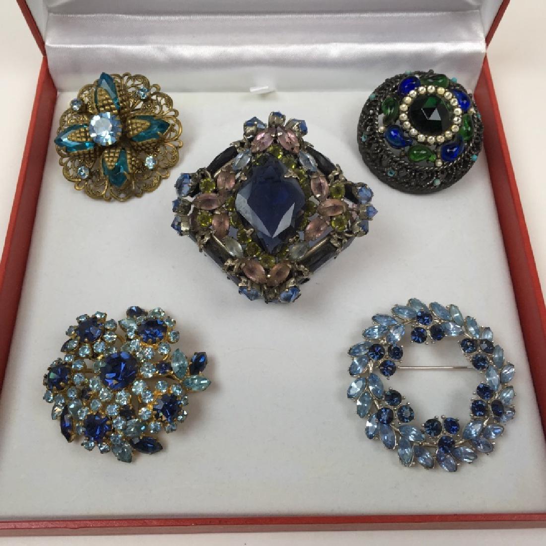 5 VINTAGE BROACHES / PINS W/ INSET STONES: Includes West Germany, Austria, Capri, Trifari & 1 unmarked