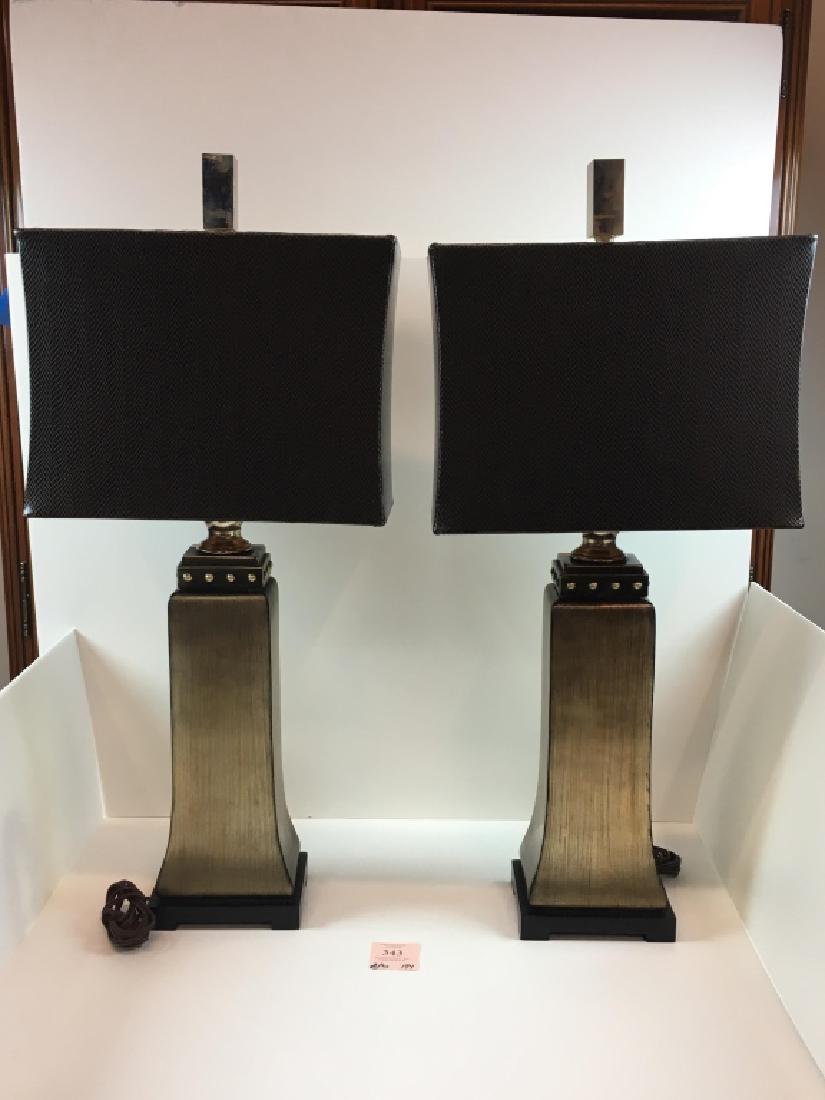 PAIR OF CONTEMPORARY DÉCOR LAMPS: Black & gold with faux snake skin shades - made by Uttermost - 7.5" l x 35.5" h (top of finial