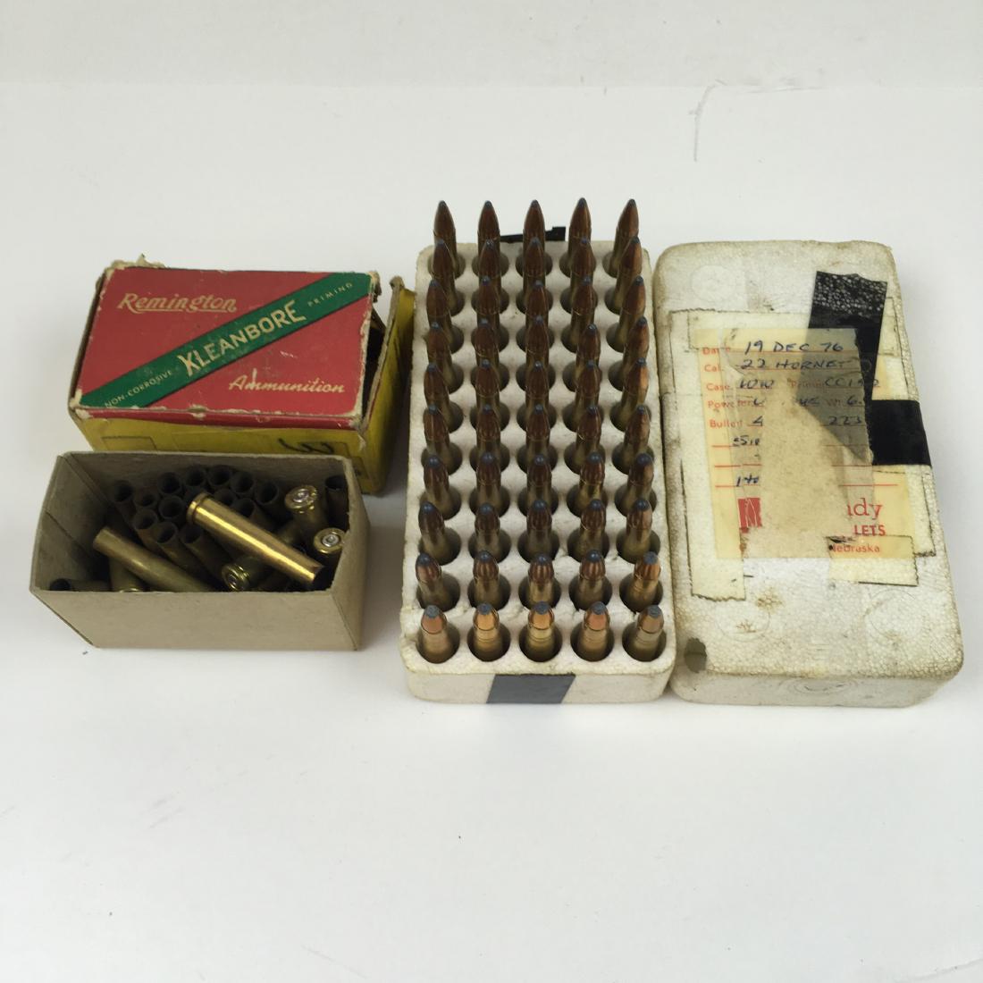 50 REMINGTON .22 HORNET Plus: In a styofoam case dated dec 1976 plus 25 spent shells in box