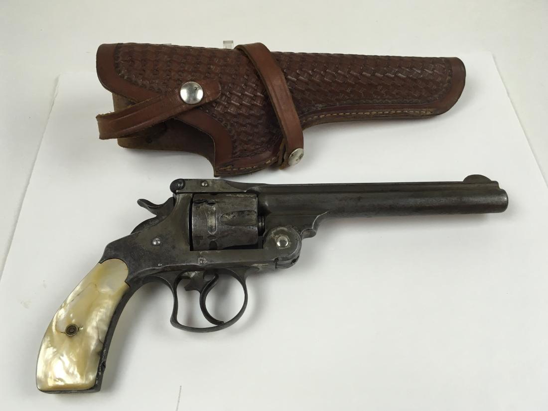 SMITH & WESSON .44 RUSSIAN CAL. 6.5" BARREL: Circa1880's Top break, Cylinder blown. One side of pearl grip cracked w/ Viking holster