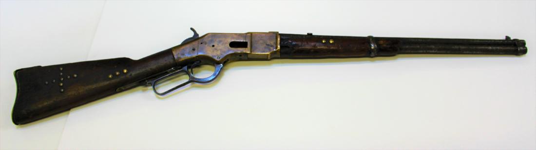 LEVER ACTION HENRY STYLE RIFLE: No Marker's mark found - no serial number found - Fair condition - Lever action needs repair and the stock barrel and mechanism all need attention. 38.75"