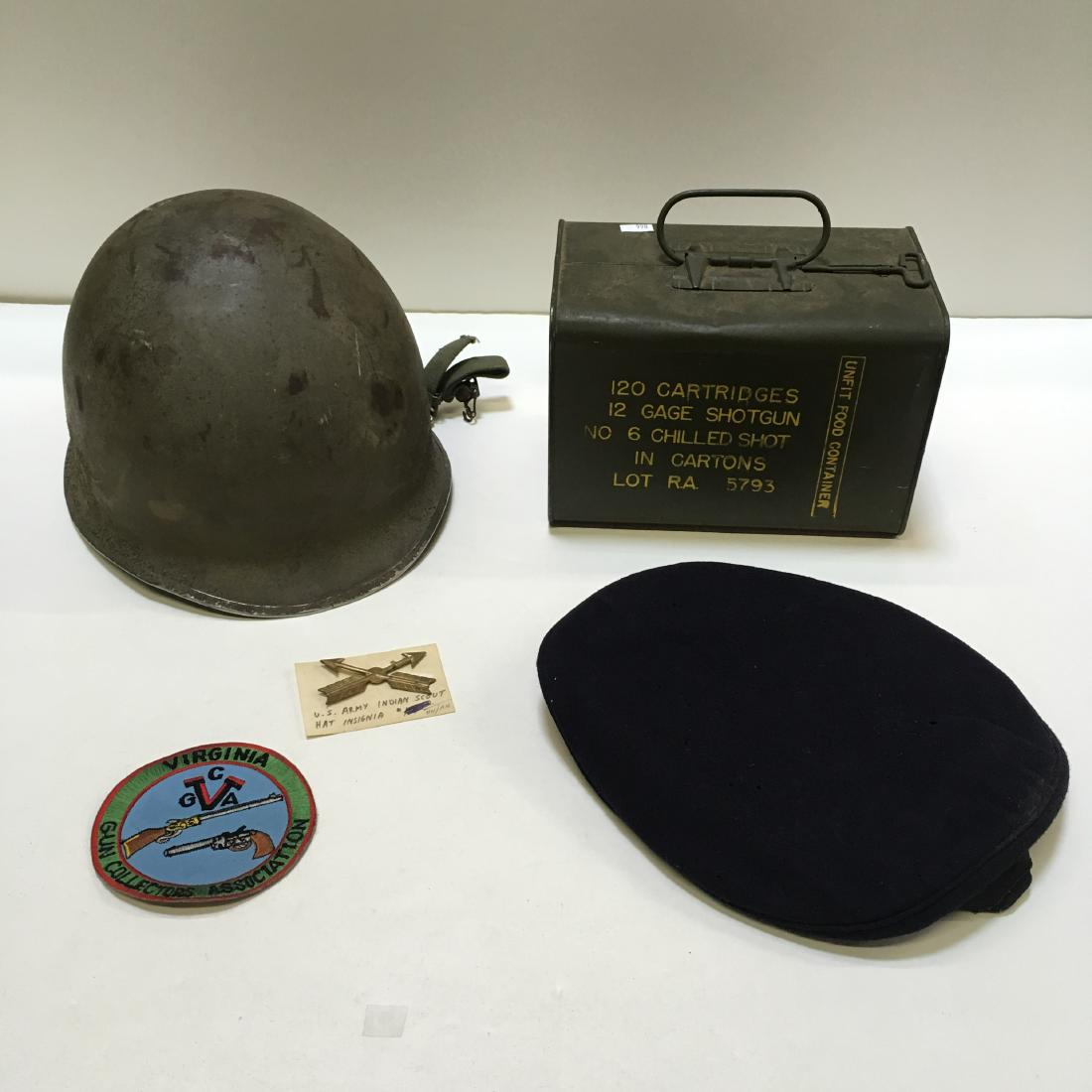120 RD 12 G RA SPAM CAN AMMO +3 VTG MILITARY ITEMS: Includes 4 WWII era Army items - helmet, Remington Arms Co. 12 gage paper No. 6 Chilled Shot Lot R.A. 5793 in cartons (120 total cartridges) in unopened "spam can", U.S. Army Indian Scout hat insignia