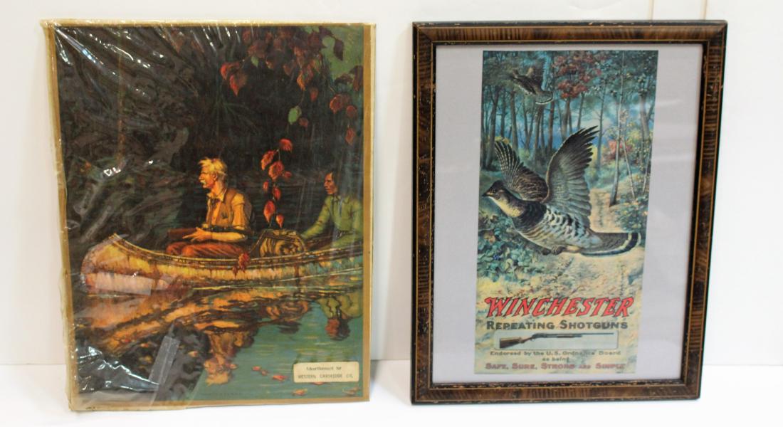 WINCHESTER & WESTERN CARTRIDGE ADVERTISING PIECES: Framed advertising poster, a print after the original Winchester Repeating Arms Company advertisement, c. 1909, print signed Edw. Knobles, 'Winchester Repeating Shotguns', 'Endorsed by the U.S. Ordina
