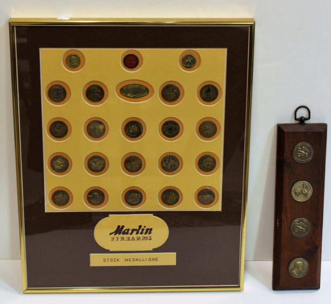 NRA & MARLIN FIREARMS MEDALLIONS: Two separate groups - First a four medallion/coin group from the NRA mounted on wood - 2 NRA Centennial tokens - A profile image of J.E. Frasier - One with a cowboy roping a steer. 3.5 x 13.75 SECOND 
