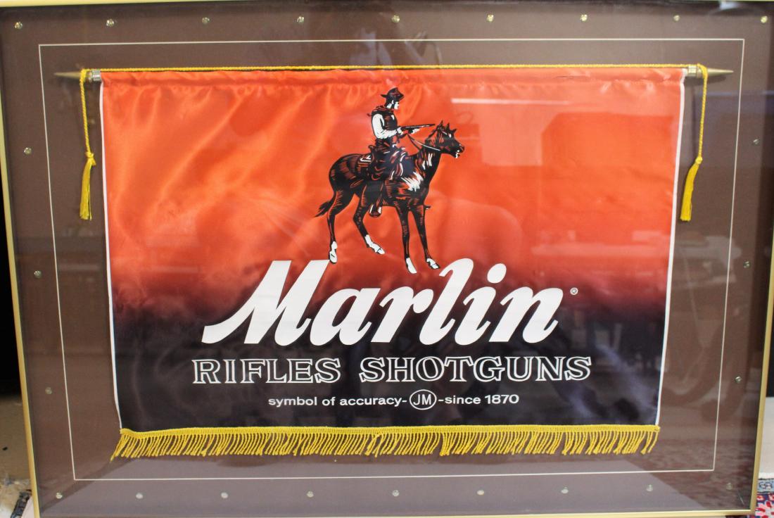 VINTAGE MARLIN ADVERTISING BANNER/FLAG: Framed and in brillant condition. RARE - Measures 29.25 x 20.5 including the fringe - Rod is 34" - Framed piece is 40.25 x 28.25.