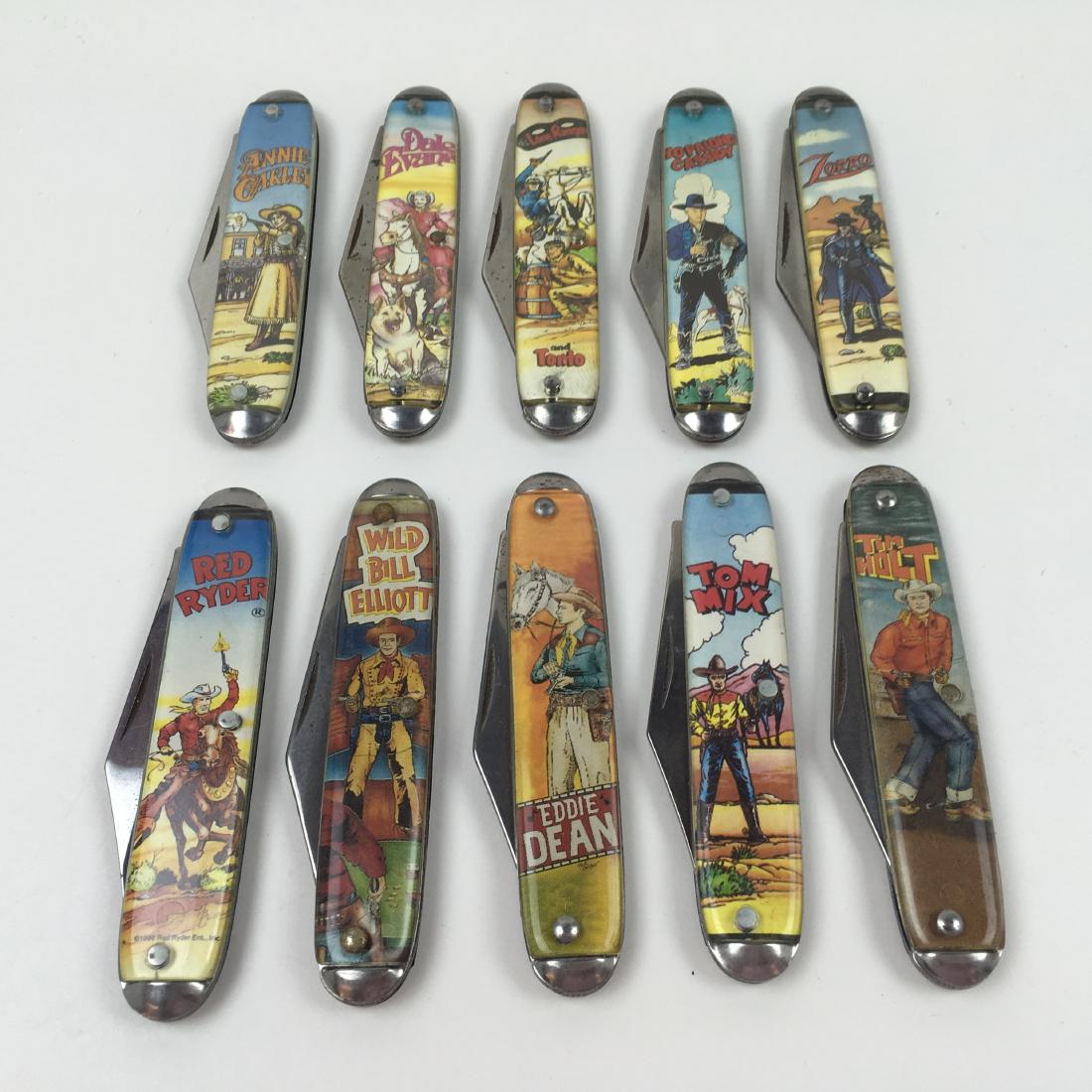 10 NOVELTY WESTERN THEME POCKET KNIVES: 1990's Novelty Knife Co. & Novelty Cutlery cowboy / Western pocket knives - includes Tim Holt, Lone Ranger, Red Ryder, Zorro, Wild Bill Elliott, Hopalong Cassidy, Eddie Dean, Annie Oakley, Dale Evans