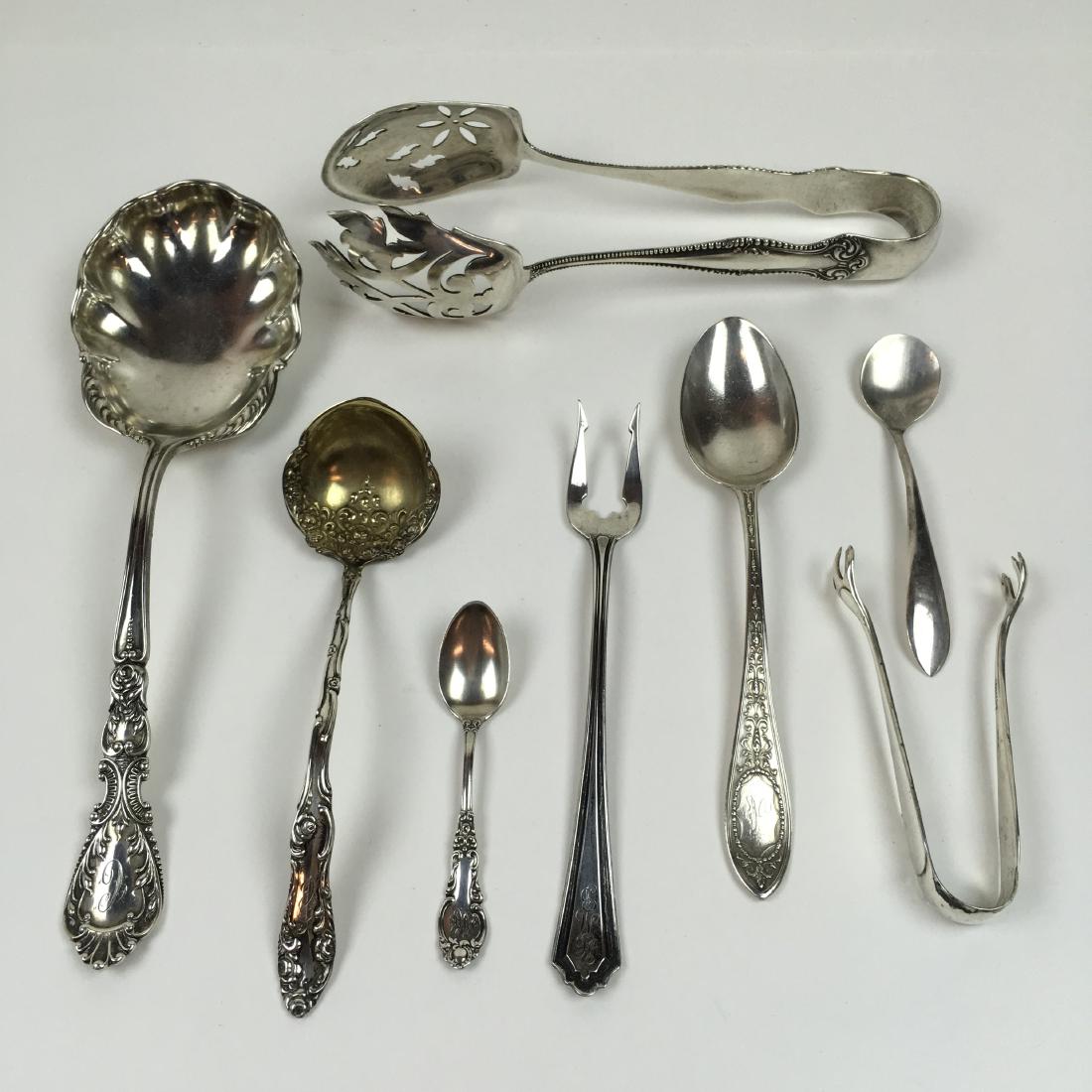 8 PCS OF STERLING FLATWARE: Towle "Canterbury" 7" tongs 80g "E.C." monogram on end, Towle "Old English" 5.75" sauce ladle with gold washed bowl & double monogram 24g, W. & S. Blackinton Co. 8.5" serving spoon "C" monogram 52g, A