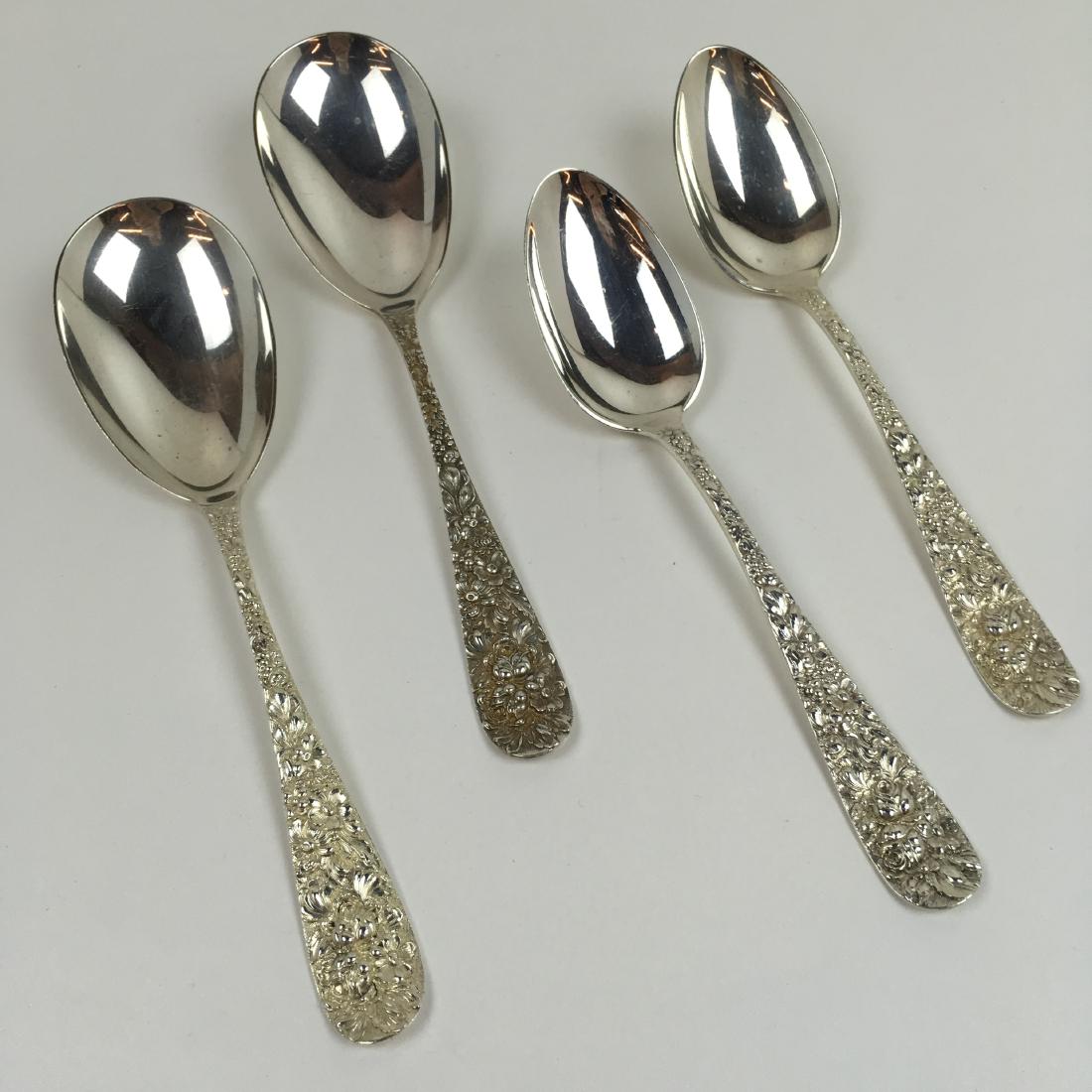4 PCS OF ROSE STERLING FLATWARE BY STIEFF: Rose pattern by Stieff - 2 vegetables / serving spoons 151g (monogram "M" on back) & 2 casserole serving spoons 200g (monogram "B" on back) - total 351g