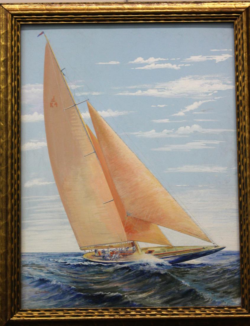 MIXED MEDIA - SIGNED W. RANDALL: William Frederick Randall (??) "Sailing Sloop" - Signed in the lower left corner - Research conducted by the former owner suggests that this could be the image of the British Racing Yacht "Endevour" w