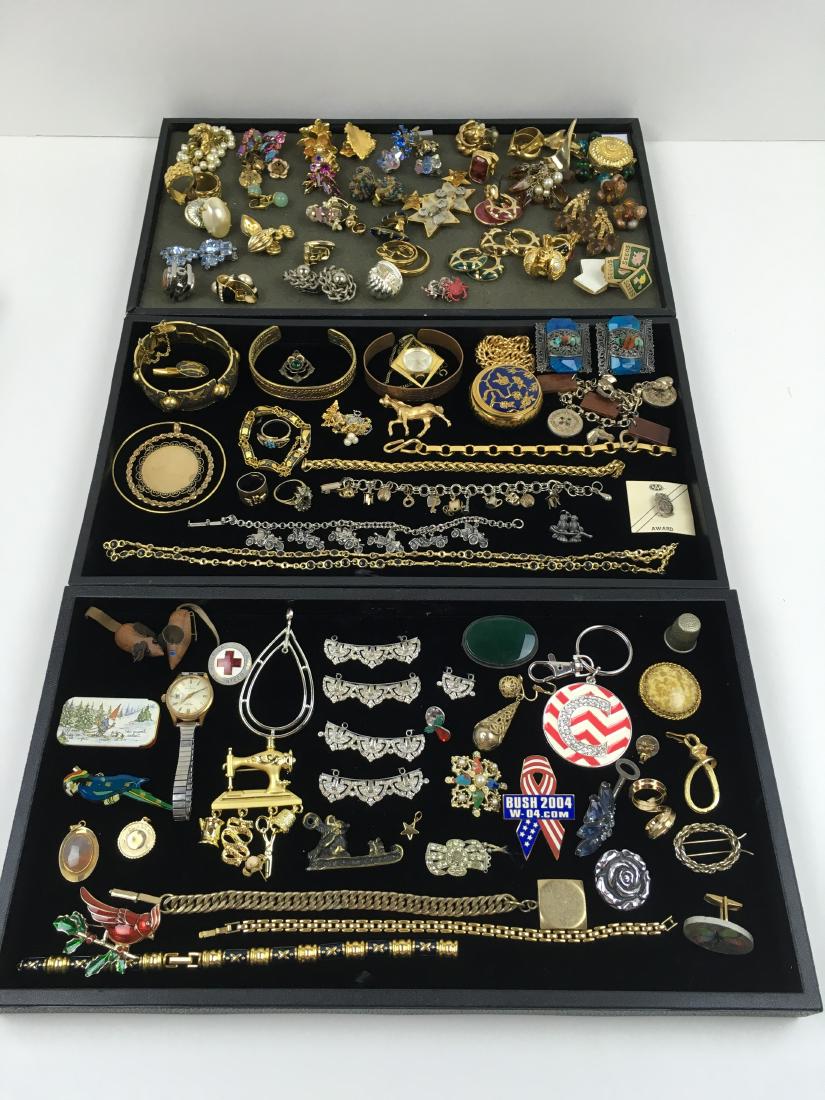 ASSORTED VINTAGE & CONTEMPORARY COSTUME JEWELRY: Large assortment - includes earrings, bracelets, pins, watches, pendants, pill box, key chain, rings & more