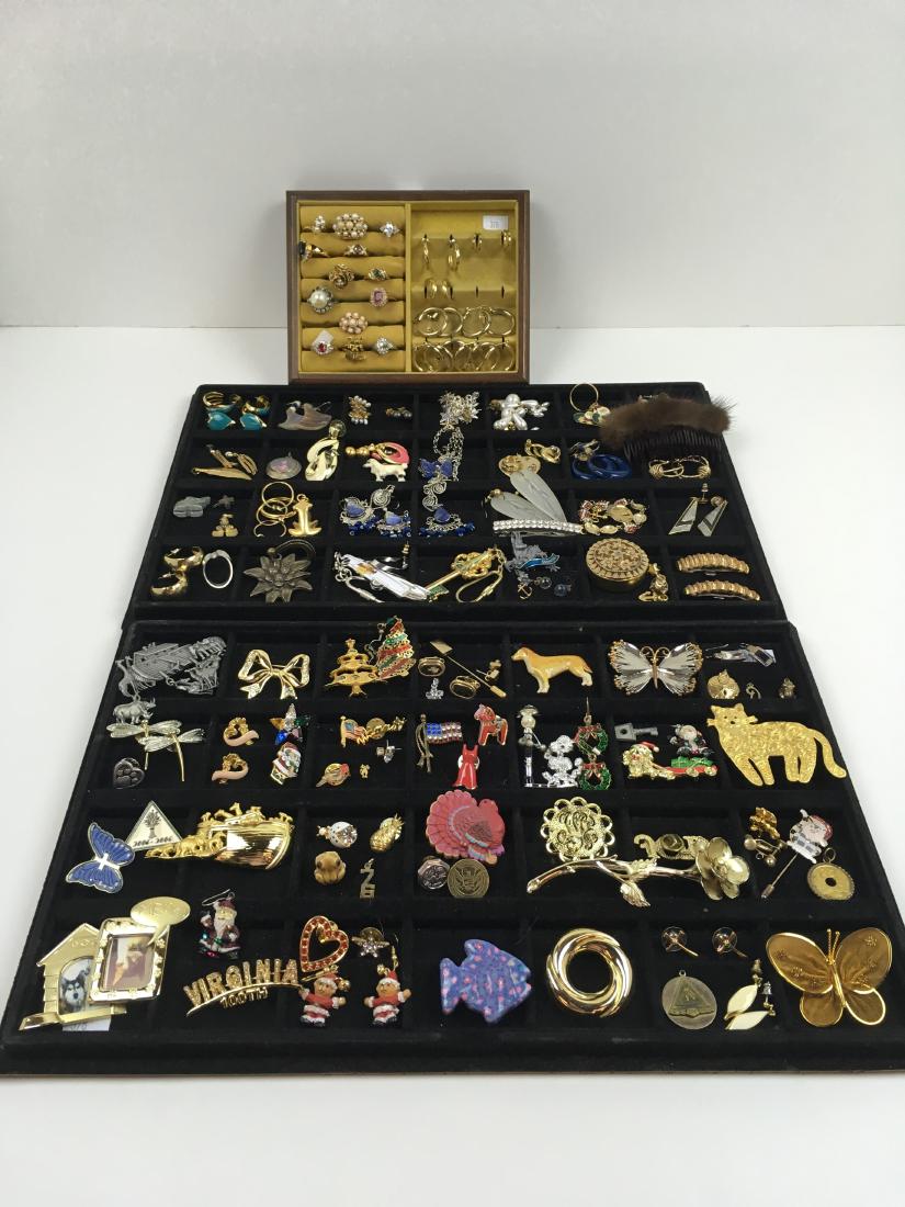 VINTAGE & MODERN COSTUME JEWELRY: Assorted necklace, earrings (mostly pierced), pins, shoe clips, hair clips, pill box, lapel pins & more