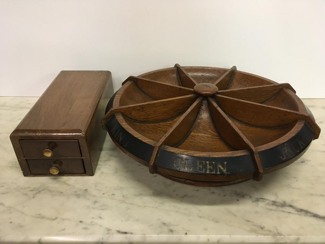 ANTIQUE 1876 M. PRICE SAN FRANCISCO GAME WHEEL: Western era version of the Pope Joan / Poch game - marked on both pieces "M. Price San Francisco 1876" - 4.5" h x 15.5" diameter plus vintage box with new poker chips