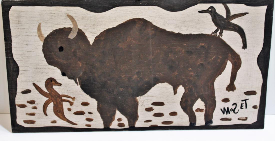ORIGINAL MOSES TOLLIVER PAINTING: Moses Tolliver - Alabama 1919-2006 - Paint on board - "Buffalo with Birds" - Signed on the lower right. Tolliver was an African-American folk artist who became disabled as an adult. He was known as "M