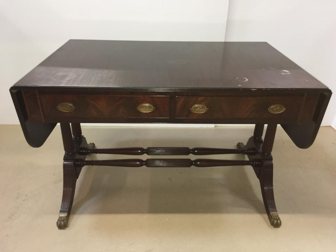MAHOGANY DUNCAN PHYFE STYLE TABLE / DESK: Drop leaf table or desk manufactured by Richter Furniture Co. NY with 2 center drawers on one side & the other side having faux drawers (one handle bail missing) - 48.25" l x 30" w x 30.25" h - with l