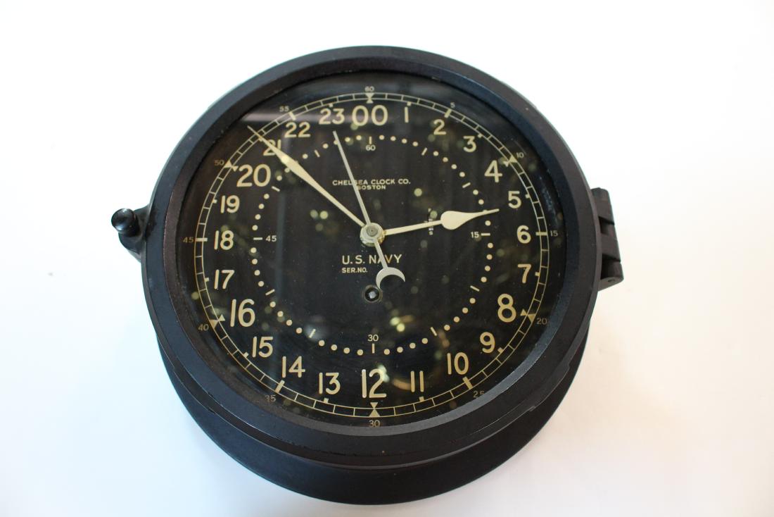 US NAVY CHELSEA LARGE 24 HOUR CLOCK: By the Chelsea Clock Co. Boston - Ser.# - None - Black Case - Key wind. - 10.25" dia - 7.75 face - 3 deep