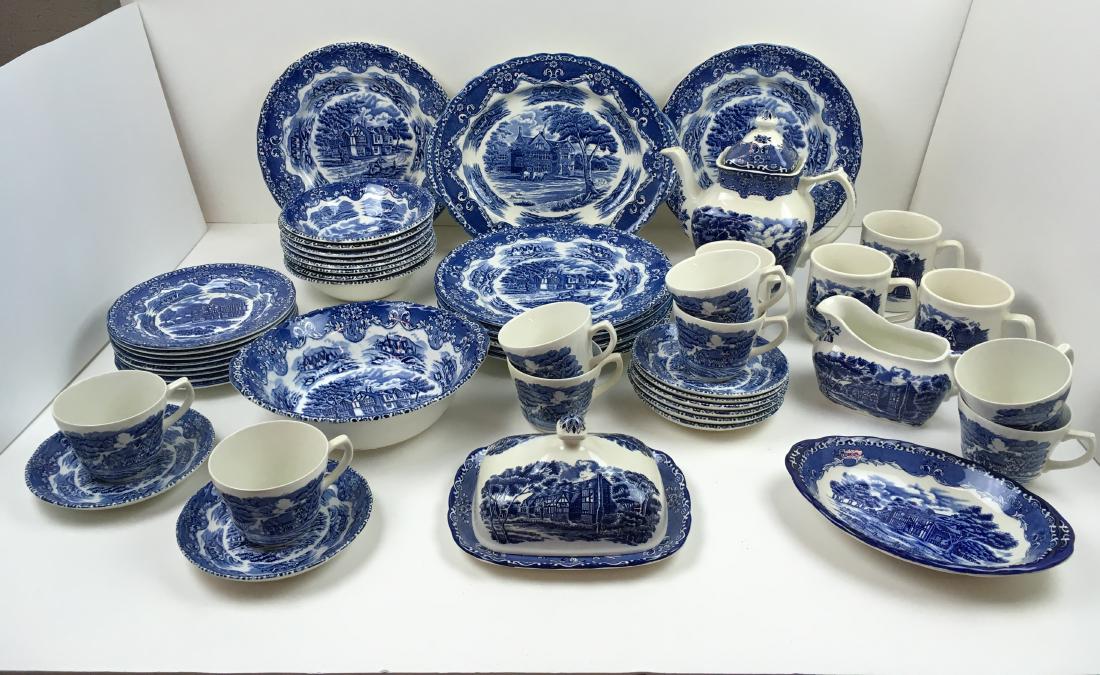 50 PCS -GRINDLEY ENGLISH COUNTRY INNS IRONSTONE: Blue & white "English Country Inns" ironstone by W. H. Grindley & Co. LTD Staffordshire England - includes eight 10" plates, eight 7" bread & butter plates, eight 6.75" bowls, 8 cups, 8 saucers, 4 mug