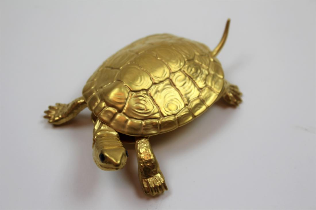 BOEHM "GEM AND GOLD" PORCELAIN TURTLE: Edward Marshall Boehm Turtle with Sapphire Eyes from the 1977-1980 “Gem and Gold” Collection -porcelain hand painted in 24K gold and burnished to a brilliant luster - the eyes are genuine sapphire