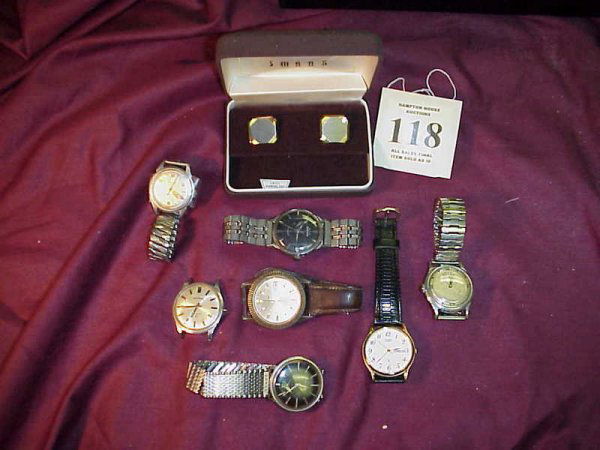 Seven Men's Wristwatches Including Citizen - Bulo: Seven Men's Wristwatches Including Citizen - Bulova - Elgin - Benrus - and a Pair of Swank Cufflinks - Watches are in various stages of working.