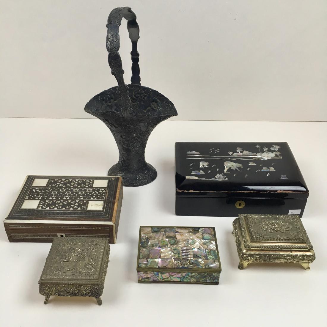 SIX PCS - BOXES & VINTAGE SILVER PLATE BASKET (1 of 12)