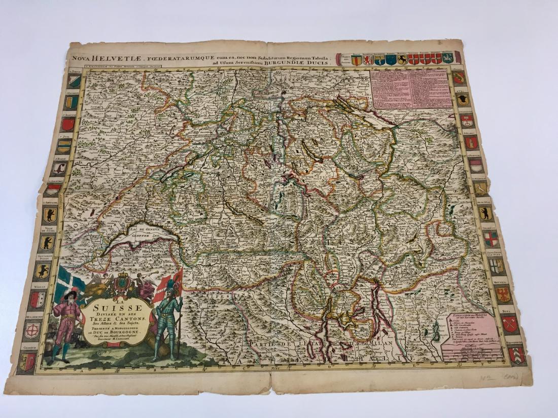 ANTIQUE MAP OF SWITZERLAND: Hand colored 24.55" x 20.5" - Condition issues - folds, edge and center tears