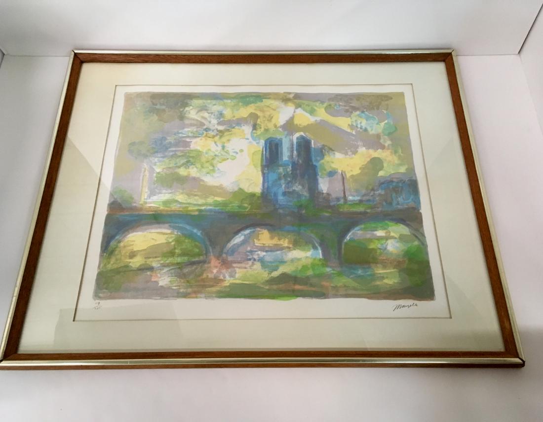 FRAMED LITHOGRAPH BY JEAN MARZELLE #128 OF 275: Mid century lithograph - view of Paris Notre Dame by Jean Marzelle (1916-2005) - 22.25" x 17" art - 29.25" x 23.25" frame