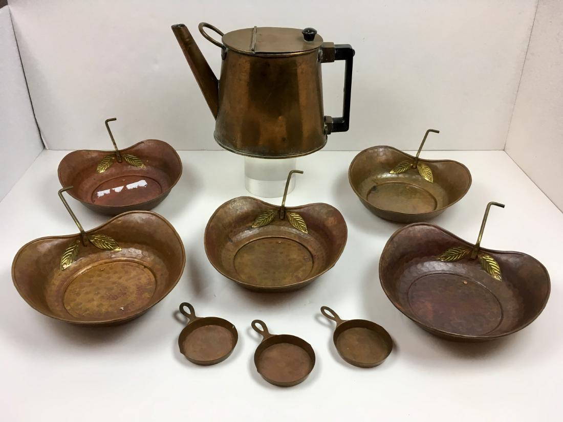 NINE PCS OF COPPER - TEA KETTLE, BOWLS AND PANS (1 of 15)