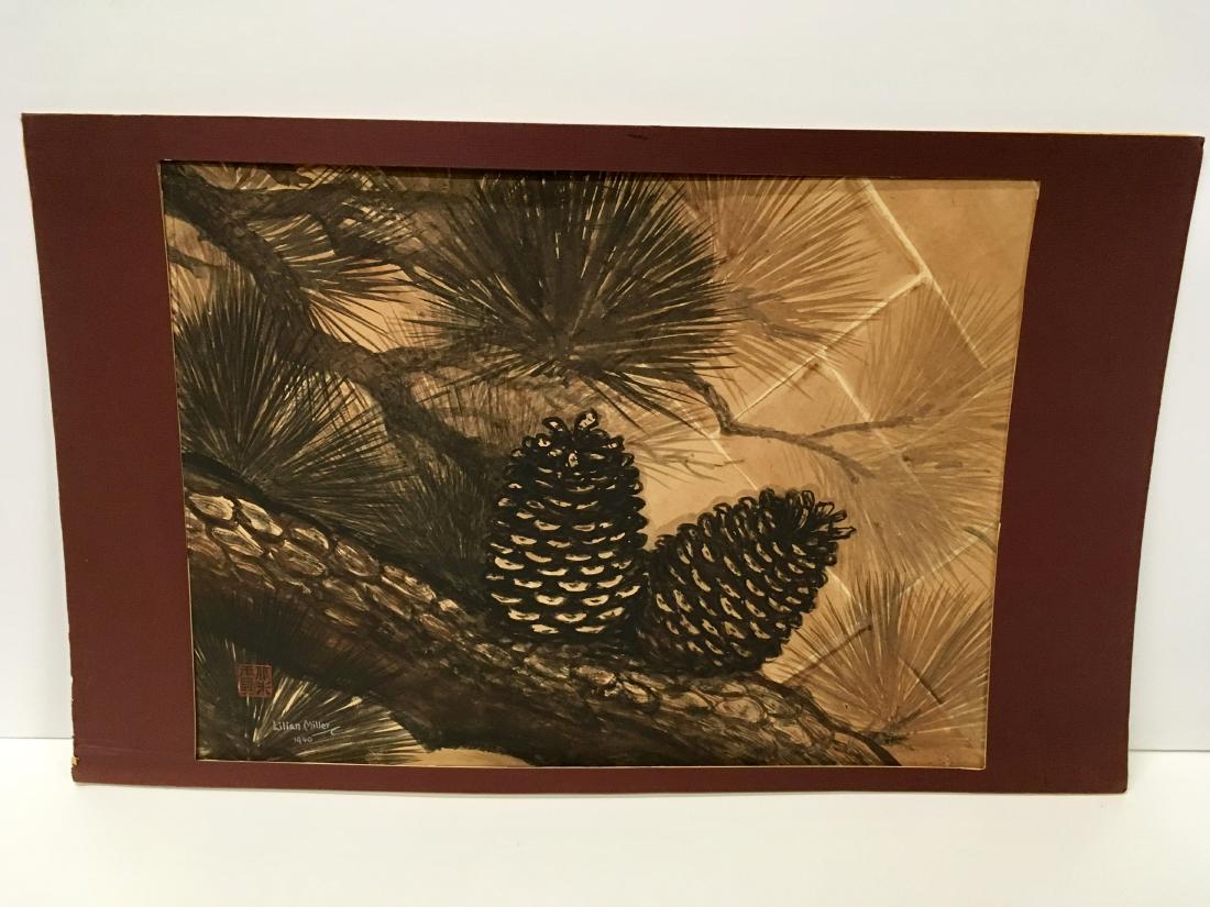 UNFRAMED WOODCUT PRINT BY LILIAN MILLER: 1940 woodcut print titled "Pine Cones" by Lilian Miller (Japan, 1895-1943) -signed on front Lilian Miller 1940 along with chop mark - 23" x 17" art - Has hole bottom right - see photo