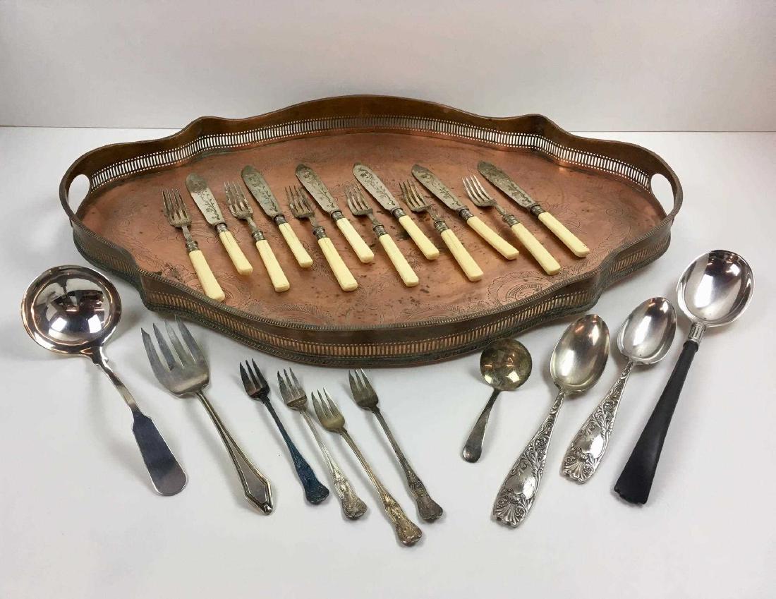 SILVER-PLATE ITEMS - FLATWARE & OVAL GALLERY TRAY: Oval gallery tray made in England - 24.25" x 16.5" x 2.5" - most plating is missing showing a nice copper tray plus silver-plate flatware - antique 12 pc fish set, Gorham salad spoon with ebony handle