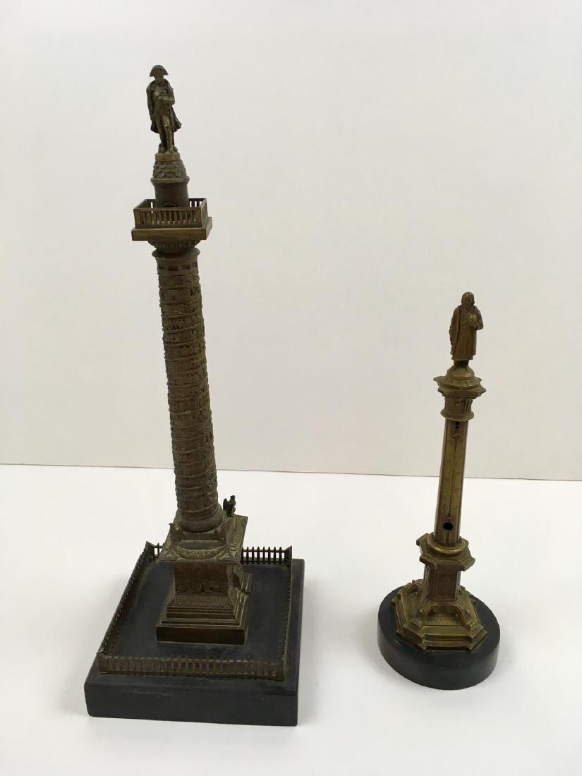 TWO LATE 19TH C GRAND TOUR MONUMENTS: Both are late 19th century bronze "Grand Tour" monuments - Trajan's column on black slate base 14.5" tall and a figural column desk thermometer on black state base 10" tall (lacking glass thermometer)