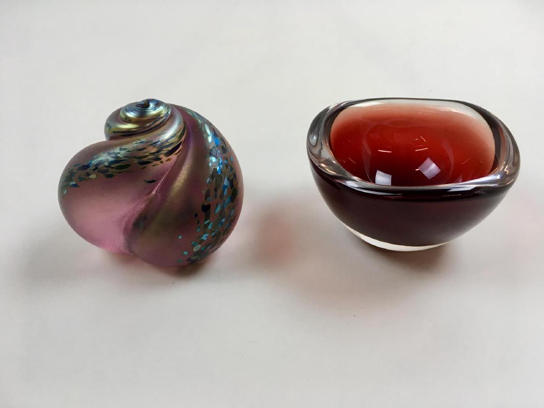TWO PCS OF ART GLASS: Iridescent art glass swirl paper weight and a red Orrefors 4" x 2.25" bowl