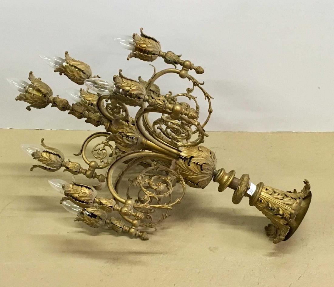 VINTAGE GILT METAL CHANDELIER: Ornate 9 light candelabrum converted into a hanging chandelier - 34" long - Not tested