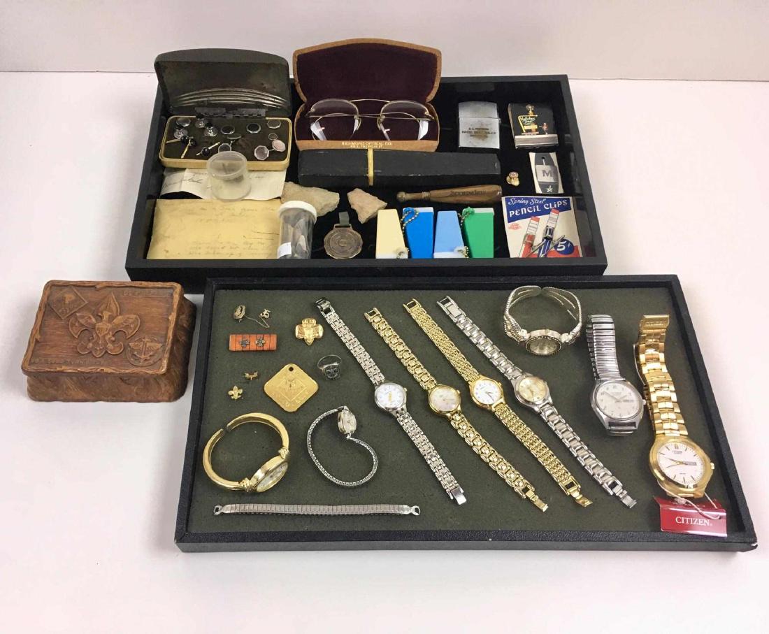WATCHES, SCOUT, STUDS & COLLECTIBLES: Includes vintage studs and cufflinks, vintage gold filled wire rim glasses, antique straight razor, olive wood cigarette holder, vintage key chain viewers, shark teeth, arrow heads, Poquoson High Scho