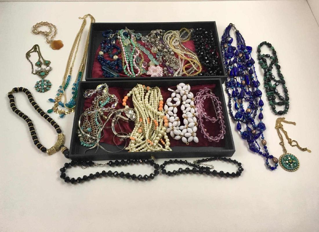 LARGE ASSORTMENT OF COSTUME JEWELRY NECKLACES: Includes crystal, carved stone, faux pearl, malachite and onyx