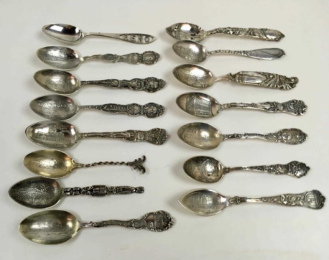 FIFTEEN STERLING SOUVENIR SPOONS: 15 sterling silver souvenir spoons - includes Baltimore, Arizona, Chicago government building, Independence Hall, Savannah, Reno, Summit of Pikes Peak, Alaska, Seattle, Chicago post office, Denver, Ma