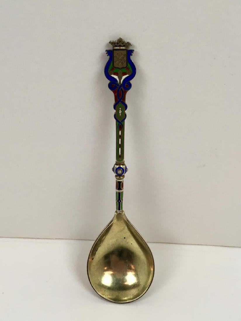 RUSSIAN SILVER AND ENAMEL SPOON: Gold washed enameled silver - hallmarks: maker "XH", assayer's mark "B.C.1874 inches, 88 zolotniki .916 silver, Moscow town mark - 7.5 inches , 79 g