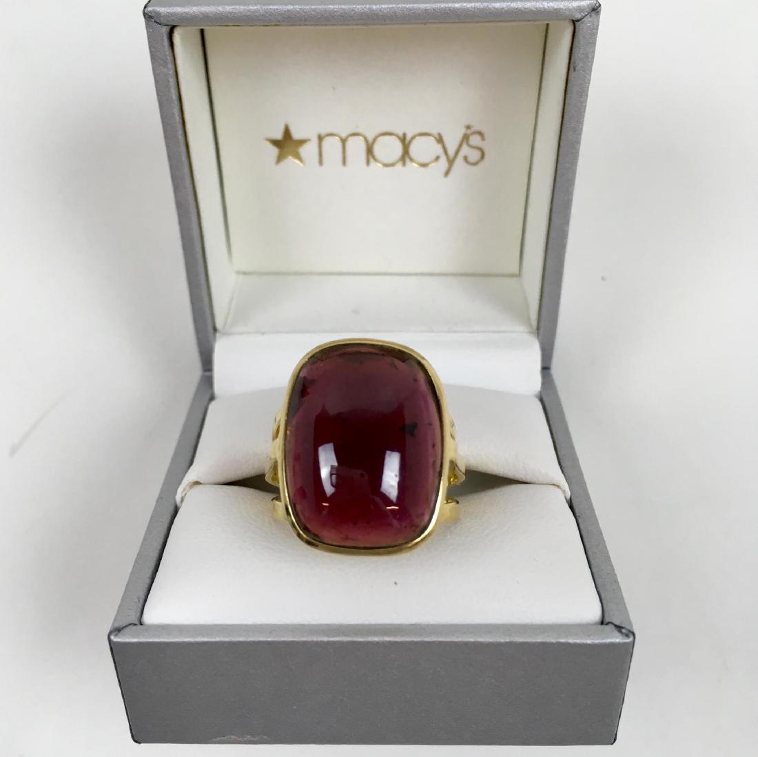 14K YELLOW GOLD AND GARNET RING: 14k yellow gold and garnet ring - marked but is unreadable acid scratch tested as 14 karat size 8 10 g - garnet measures 17 mm x 21.75 mm