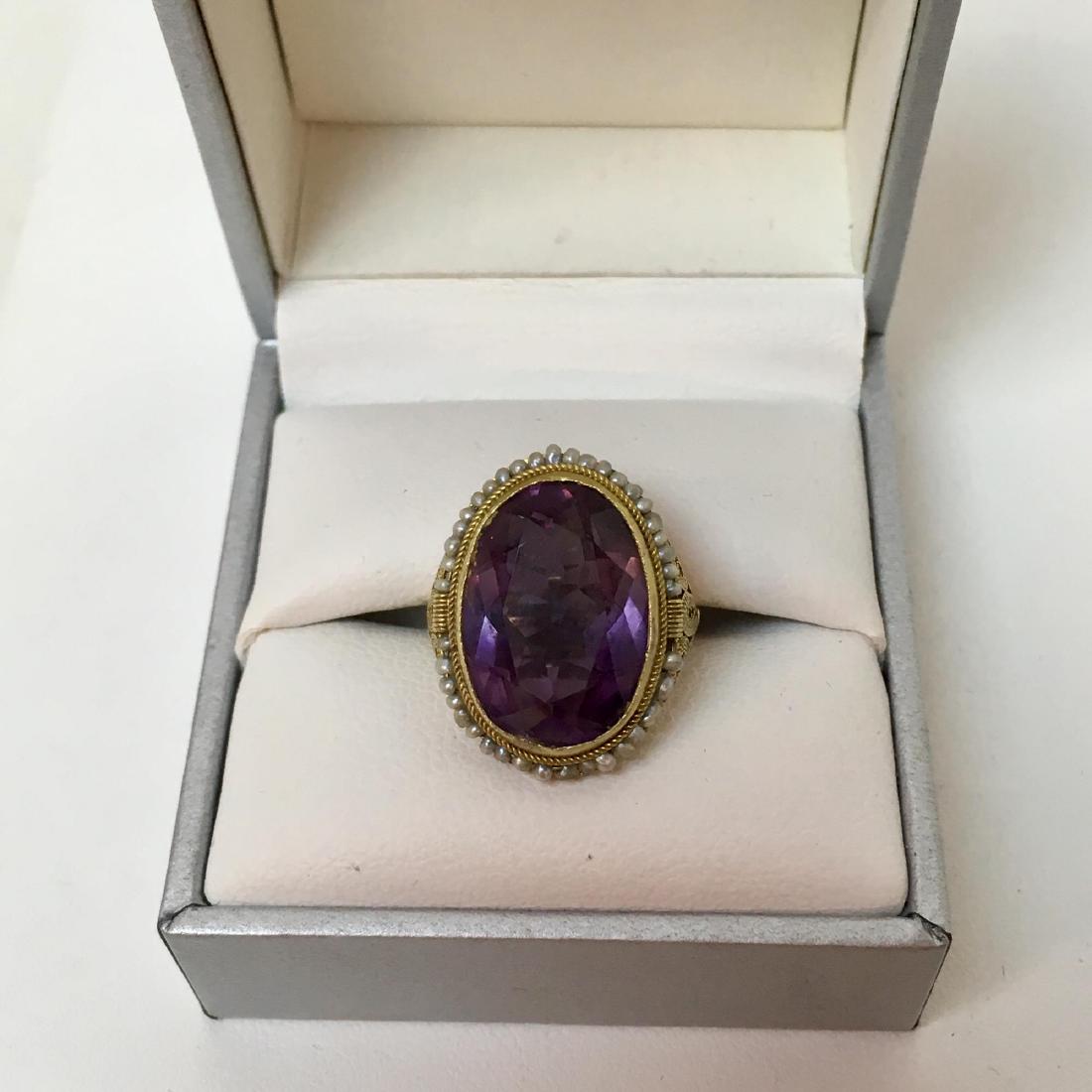 14K YELLOW GOLD AND AMETHYST RING: 14 karat yellow gold amethyst and seed pearl ring - size 4.25 5 g - unmarked due to re-sizing but acid tested as 14k