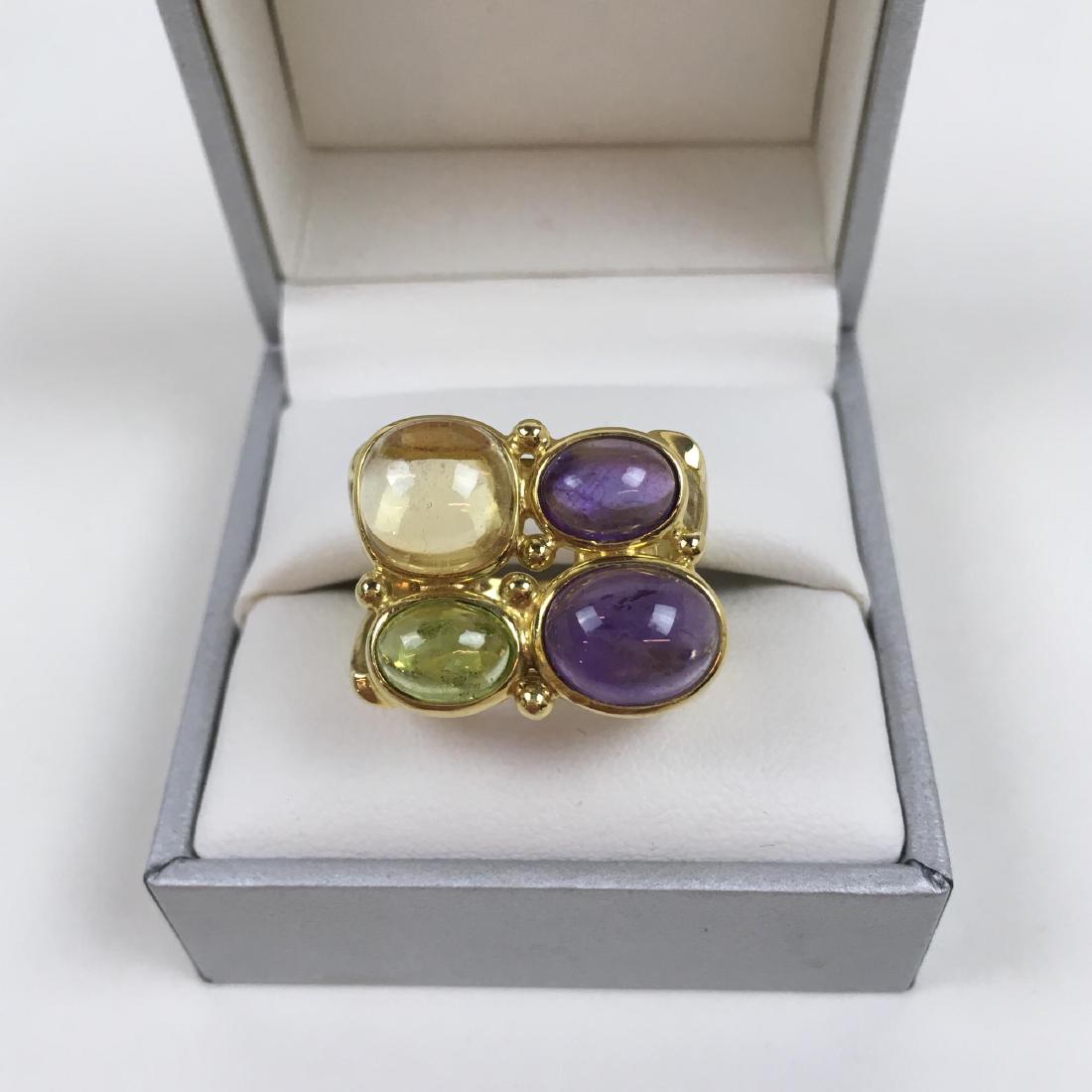 18K YELLOW GOLD RING WITH GEMSTONES: 18 karat yellow gold ring set with citrine amethyst and peridot stone size 8 12 g