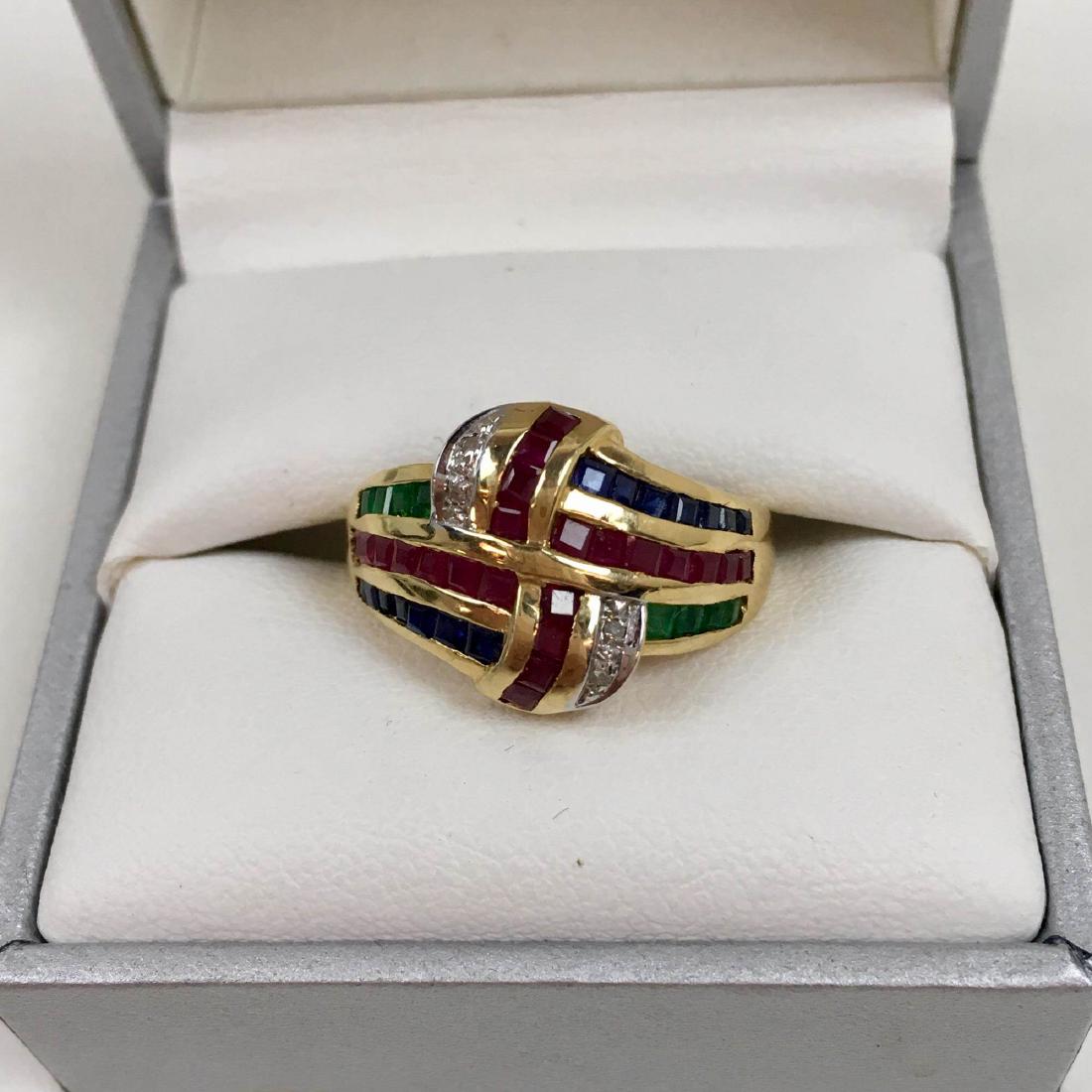 14K EMERALD, DIAMOND AND RUBY RING: 14 karat yellow gold emerald, diamond and ruby ring size 8 3 g