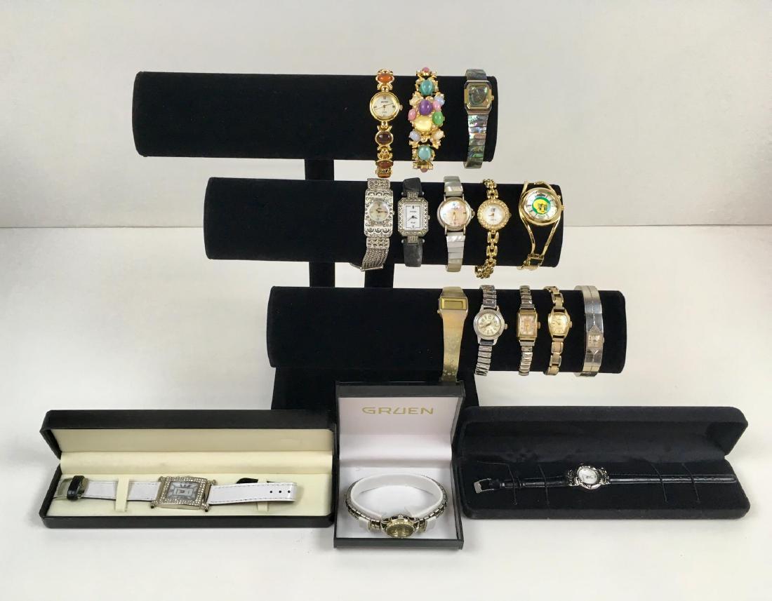 SIXTEEN LADIES' WATCHES: 16 ladies watches both contemporary and vintage - includes 3 Gruen, Magna, Seiko Jen Time, Apata, Futura, Armitron, Alto and Benrus - vintage watches include Laco 15 jewels gold filled, Zentra 17 Jewe