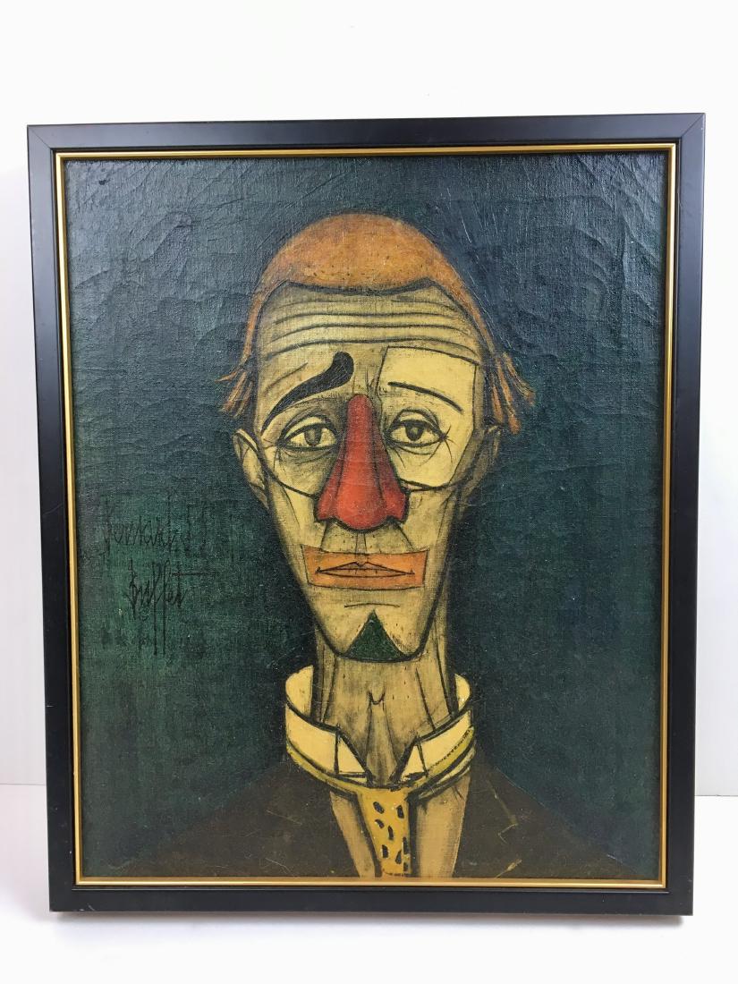 BERNARD BUFFET PAINTED LITHOGRAPH: Framed painted lithograph print mounted on canvas - Signed Bernard Buffet '55 - Tete de Clown - Bernard Buffet (French, 1928 - 1999) - 17.25" x 21.25" art - 18.25" x 23.25" frame - Very minor loss to