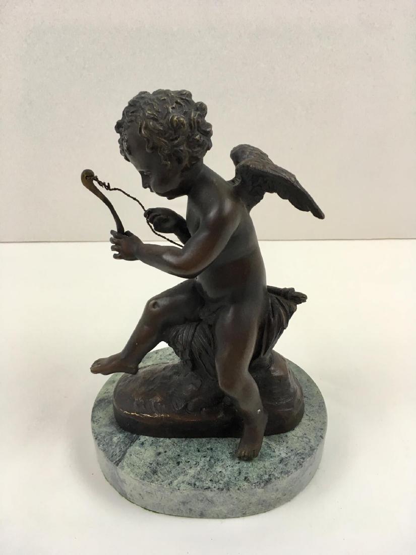 BRONZE CUPID SCULPTURE: After Auguste Moreau bronze - 8" tall including marble base - signed Aug. Moreau - bow fits in between the fingers but is loose - wire is secured by the other hand