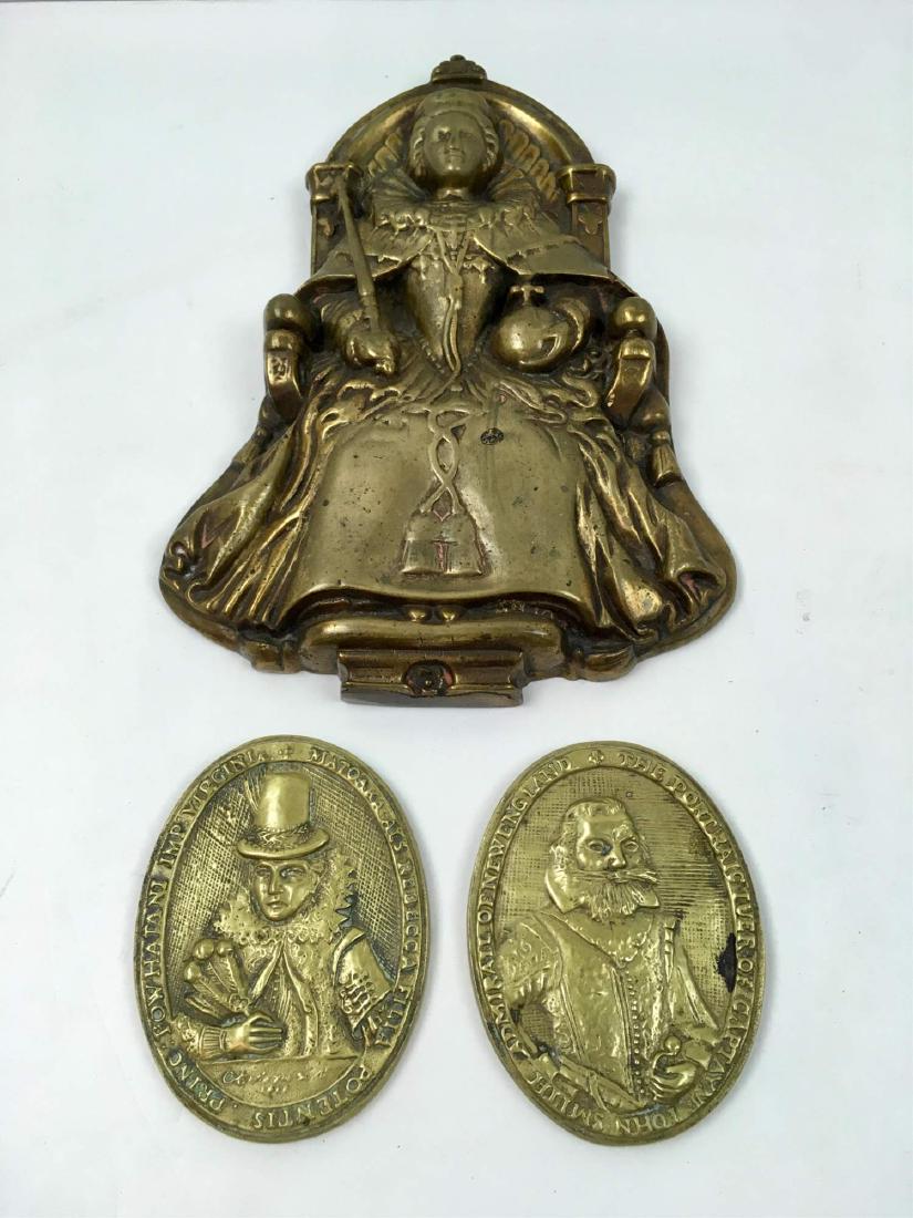 3 PLAQUES- BRONZE QUEEN & 2 BRASS VA METALCRAFTERS: Vintage Queen bronze plaque 8.25" x 1.25" x 11.75" plus 2 oval brass plaques made by VA Metalcrafters commemorating the Jamestown Exposition 1607 - 1957 - 3.5" x 5" - Pocahontas and Capt. John Smith