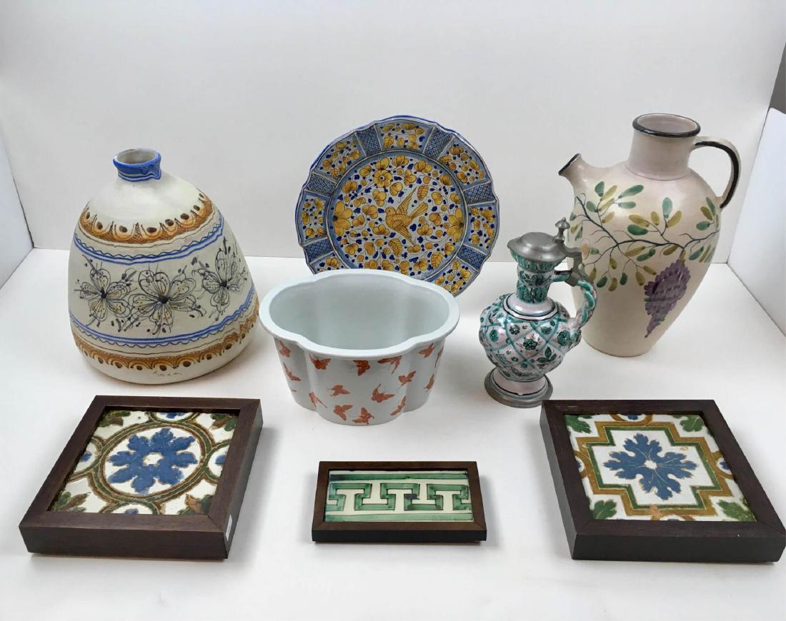 8 PCS - CERAMICS, TILES AND PORCELAIN: Bavarian hand painted lidded ewer Impressed mark ofÂ Meringer KunsttÃ¶pferei-Johann Lipp 8.25", hand painted ceramic jug, Duruta Italy 9.75" plate, hand painted 11" wine jug signed Santo Stefano C