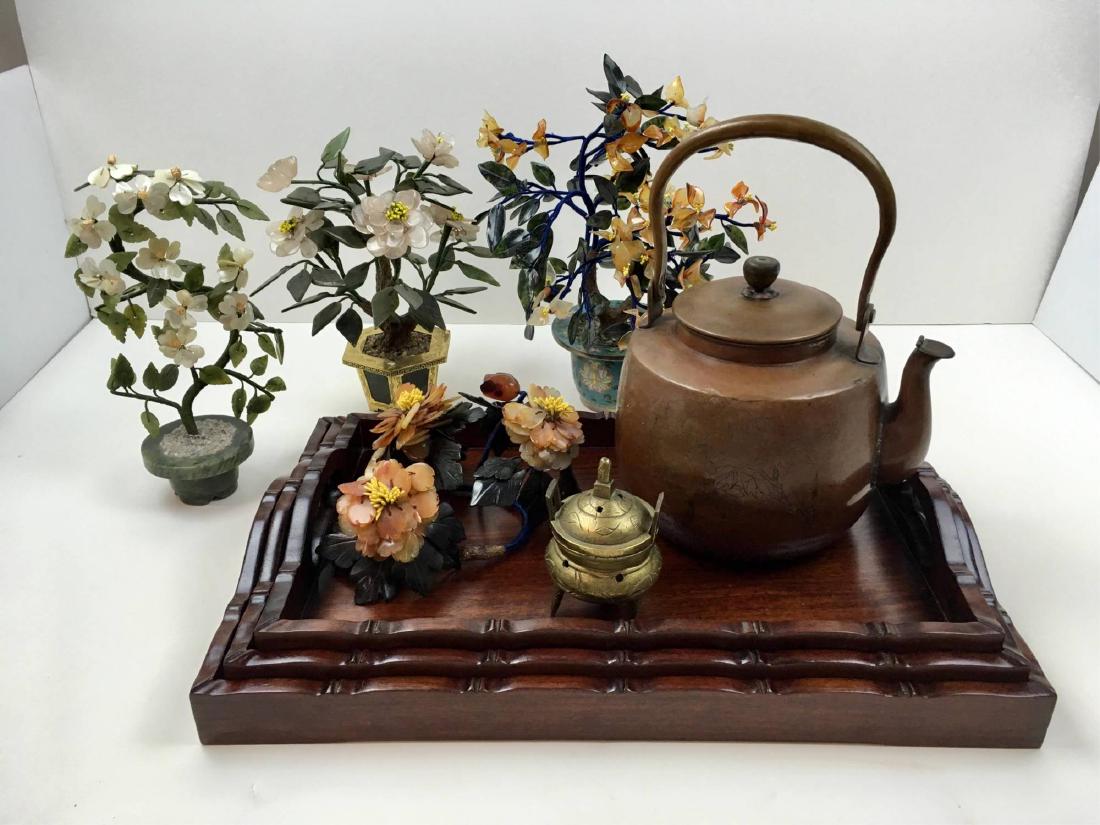 CHINESE DECORATIVES, KETTLE & INCENSE BURNER: Set of 3 nesting rosewood trays 15.75" - 16.75" - 18" long, 3 carved stone / mother of pearl bonsai trees, 1 carved stone / jadeite flower, brass incense burner & antique tea kettle
