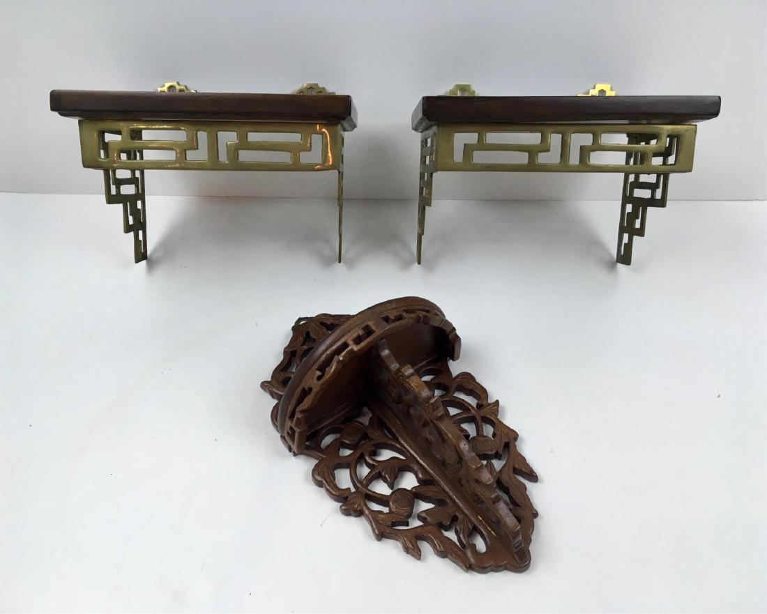 3 SCONCE WALL SHELVES: Matching pair of faux wood and brass 9" x 6.26" x 6" and one vintage carved wood shelf 6.75" x 11.5"