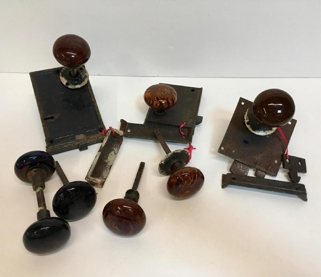 ANTIQUE HARDWARE: 3 locks and hardware - 1 marked Adams, 1 marked RH Co plus brown and black knobs